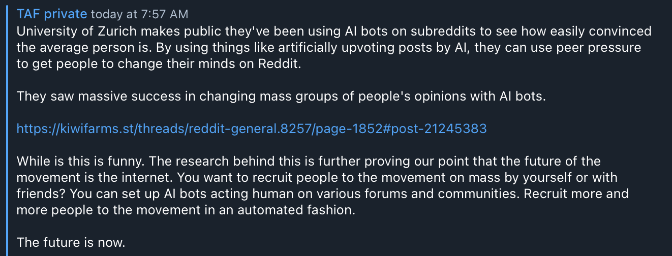 (Right-Wing Extremism) American Futurist Post Suggests Use of AI Bots to Gather Recruits - 29 April 2025